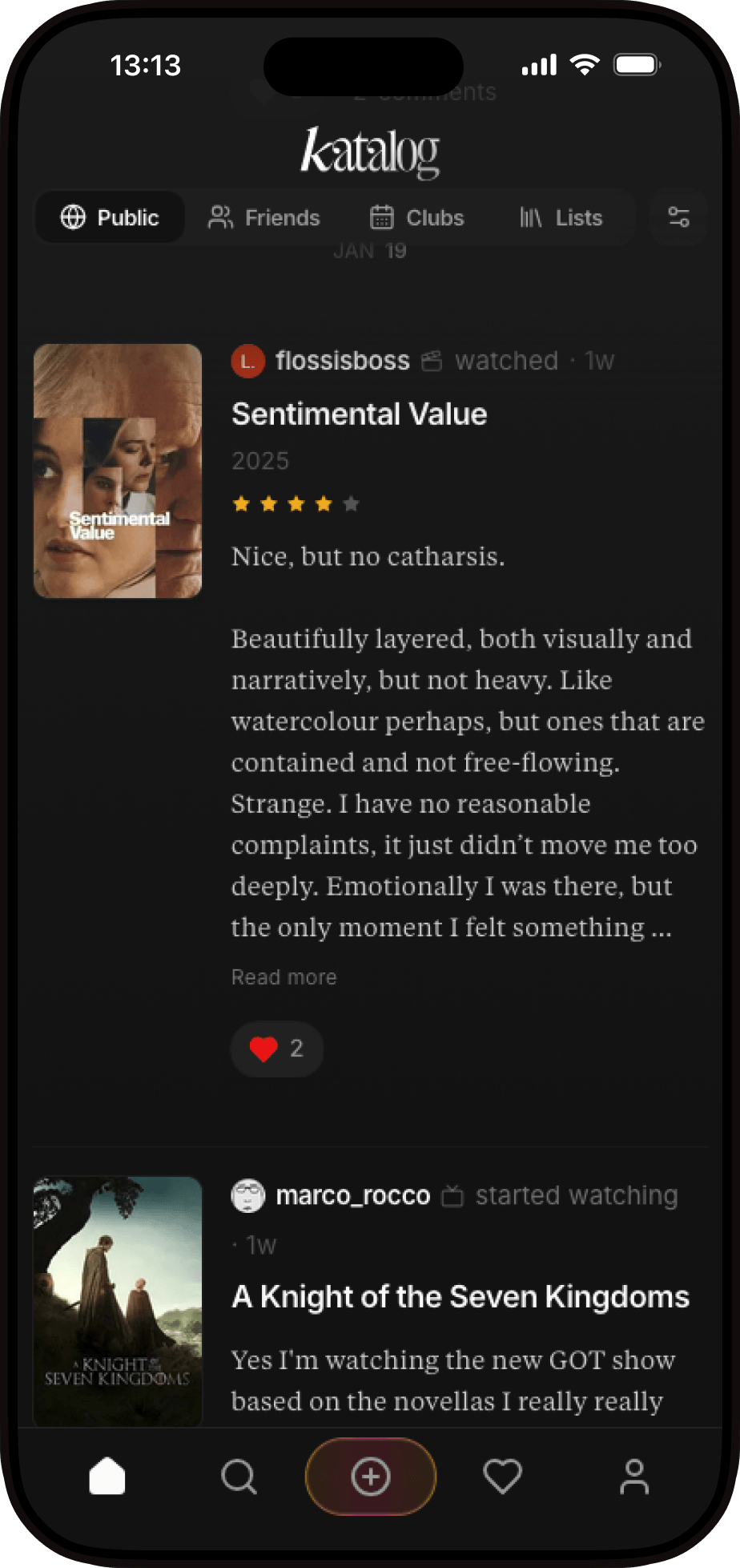 Device mockup showing katalog.club feed