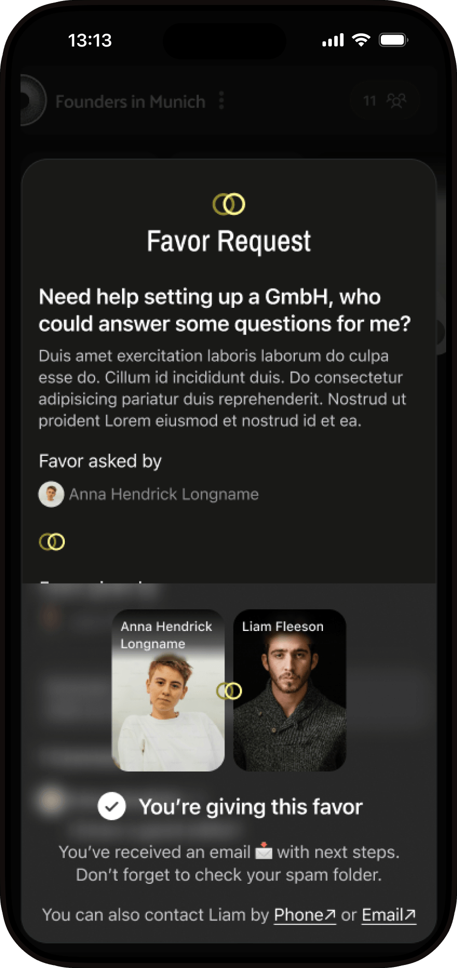 Cliq view of a favour request with confirmation