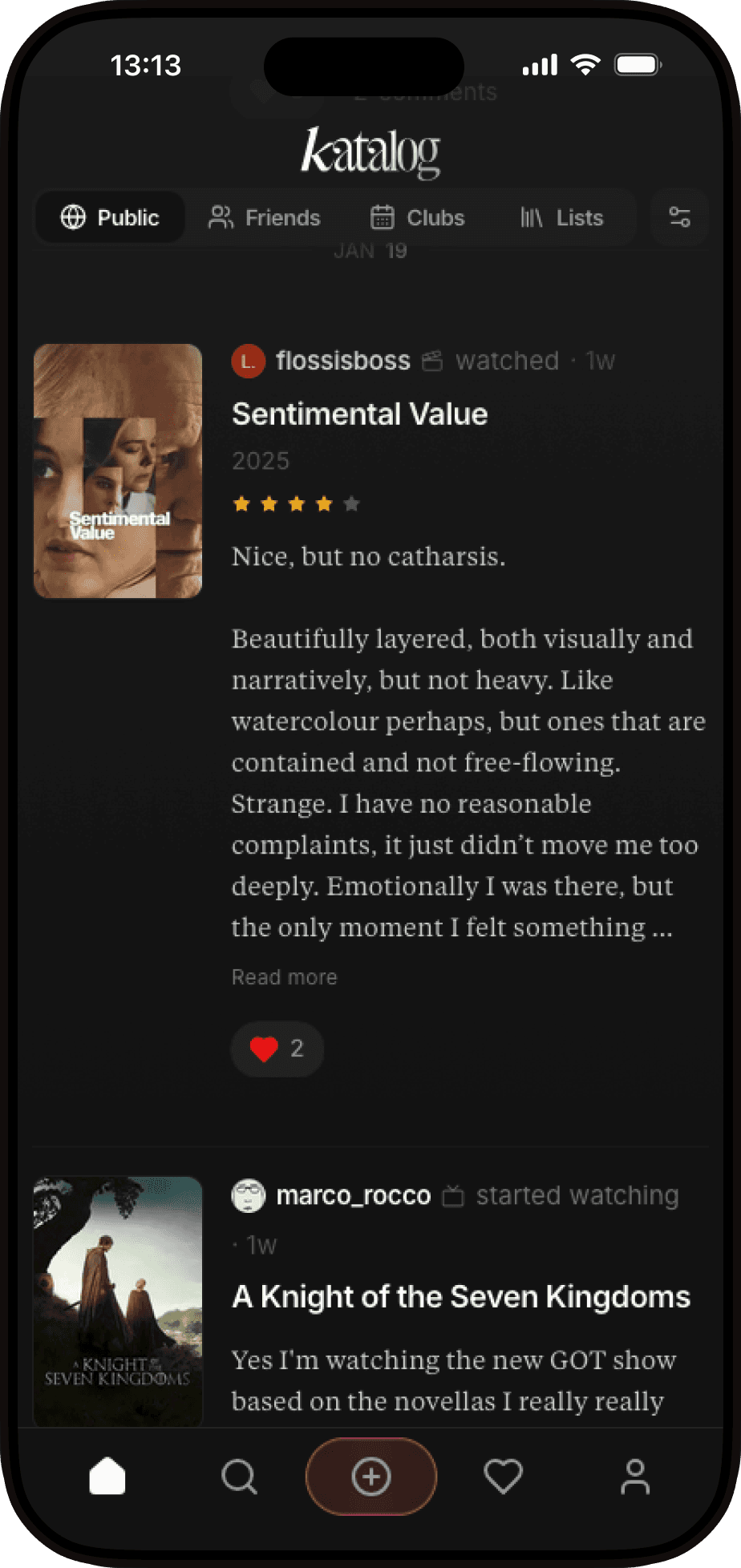 Device mockup showing katalog.club feed