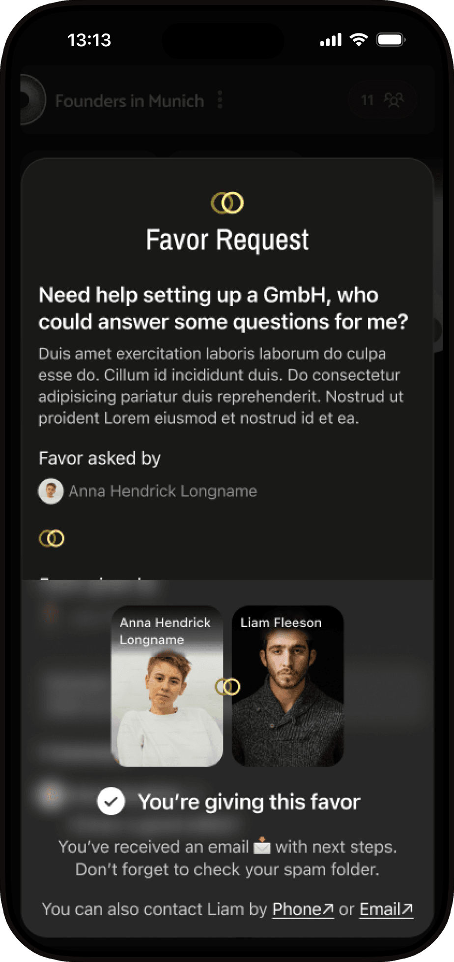 Cliq view of a favour request with confirmation