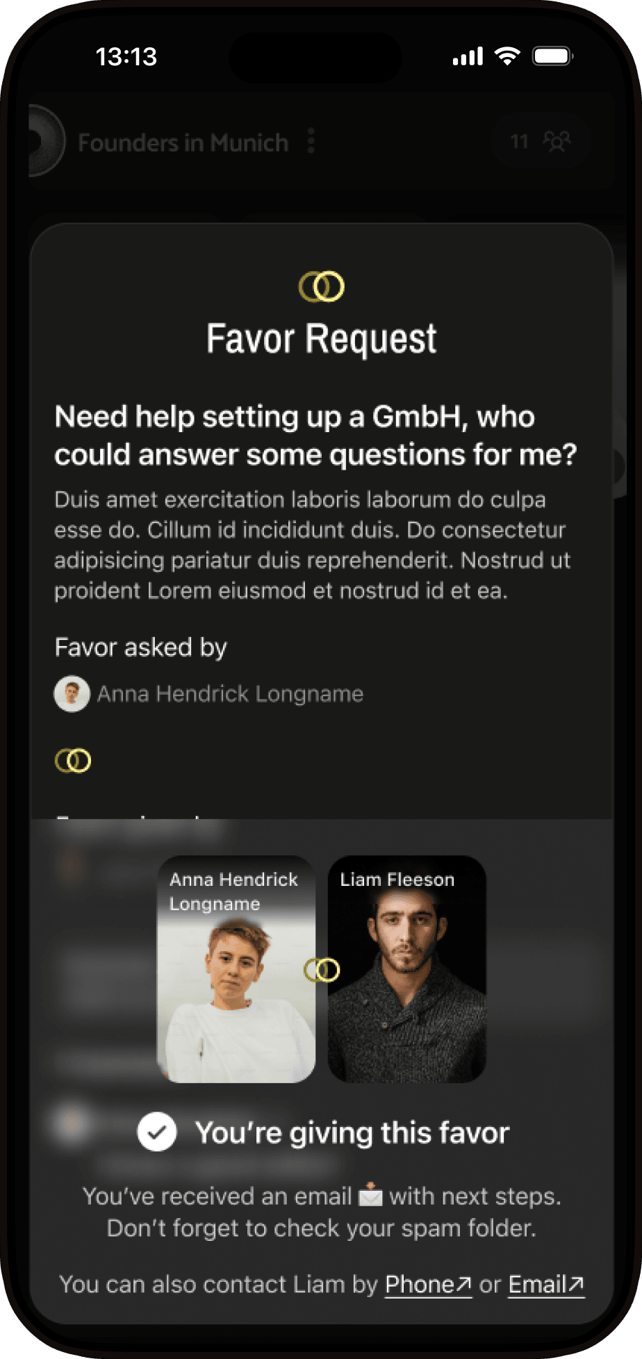Cliq view of a favour request with confirmation